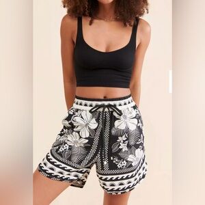 FARM Rio Macaw Elegance Shorts - Black & White Floral Drawstring Bermuda Shorts